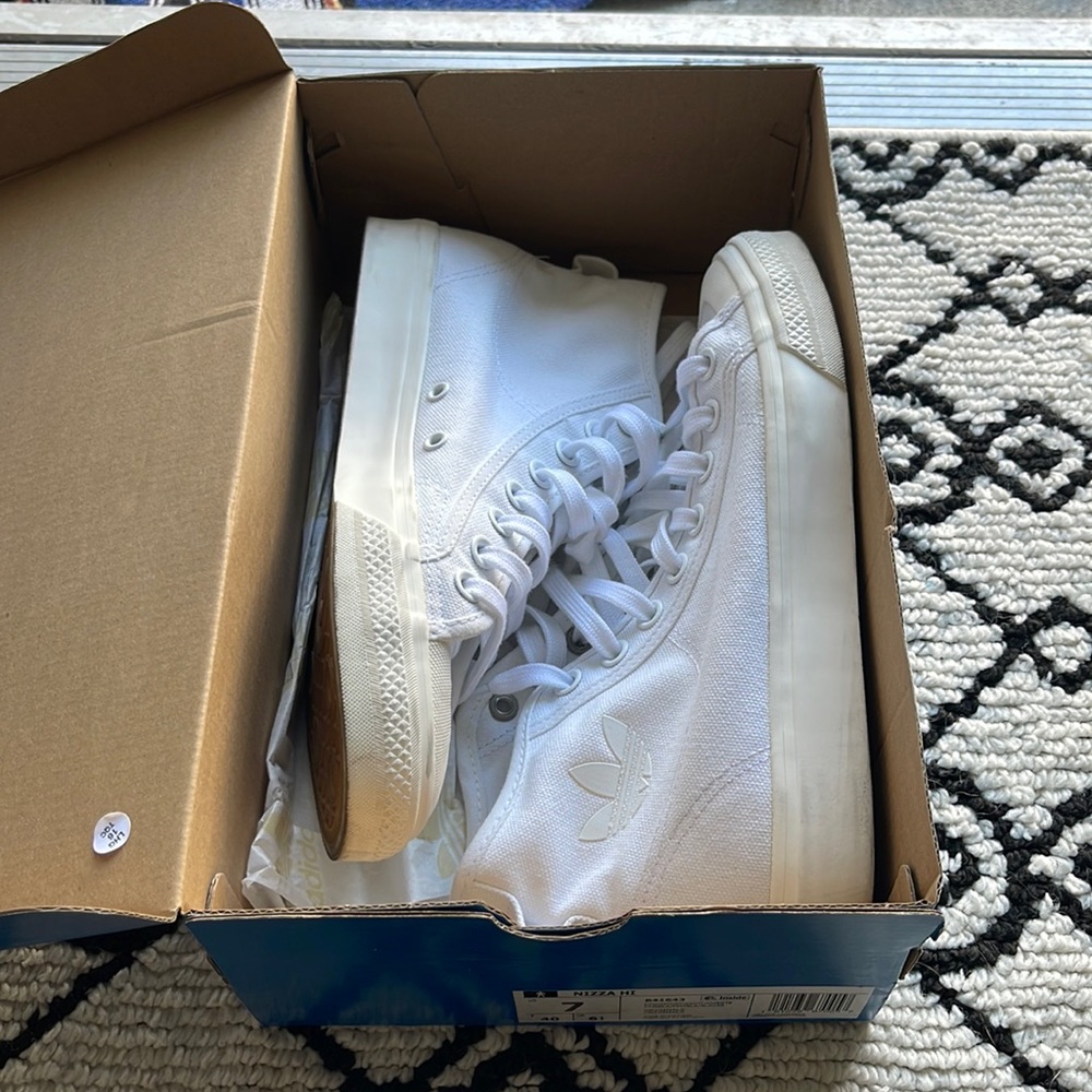 Well loved stinky Adidas Nizza Hi High Top White Sneakers